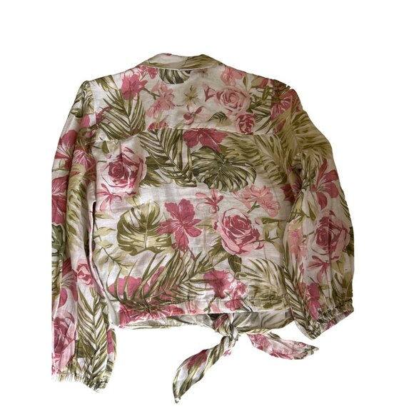 Larry Levine Women's Linen Blend Button Down Floral Front Tie Blouse Small - Picture 9 of 9